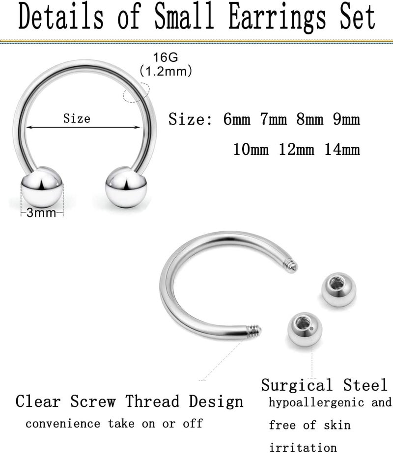 Earmark 7Pairs 6/7/8/9/10/12/14MM Surgical Steel Horseshoe Small Septum Rings Smiley Piercing Jewelry Circular Curved Barbell Piercing Hoops Set for Nose Nipple Nostril Cartilage Helix Daith Tragus Lip Eyebrow - Image 3